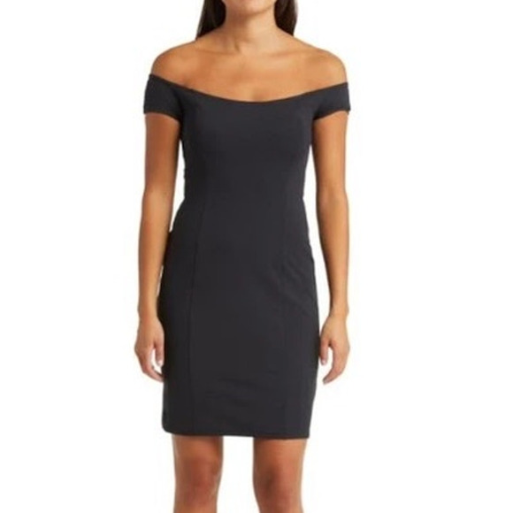 Open Edit Black Bodycon Sheath Off The Shoulder Dress Womens XS New - Picture 1 of 7